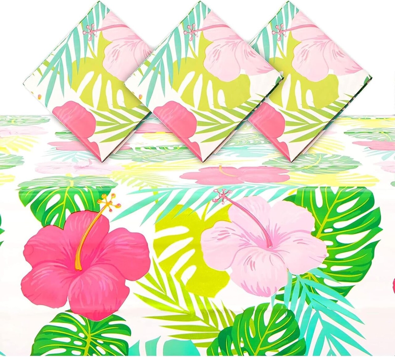 3 Pack Tropical Plastic Tablecloth, 54x108 inch Rectangle Hibiscus Floral Aloha Table Cover